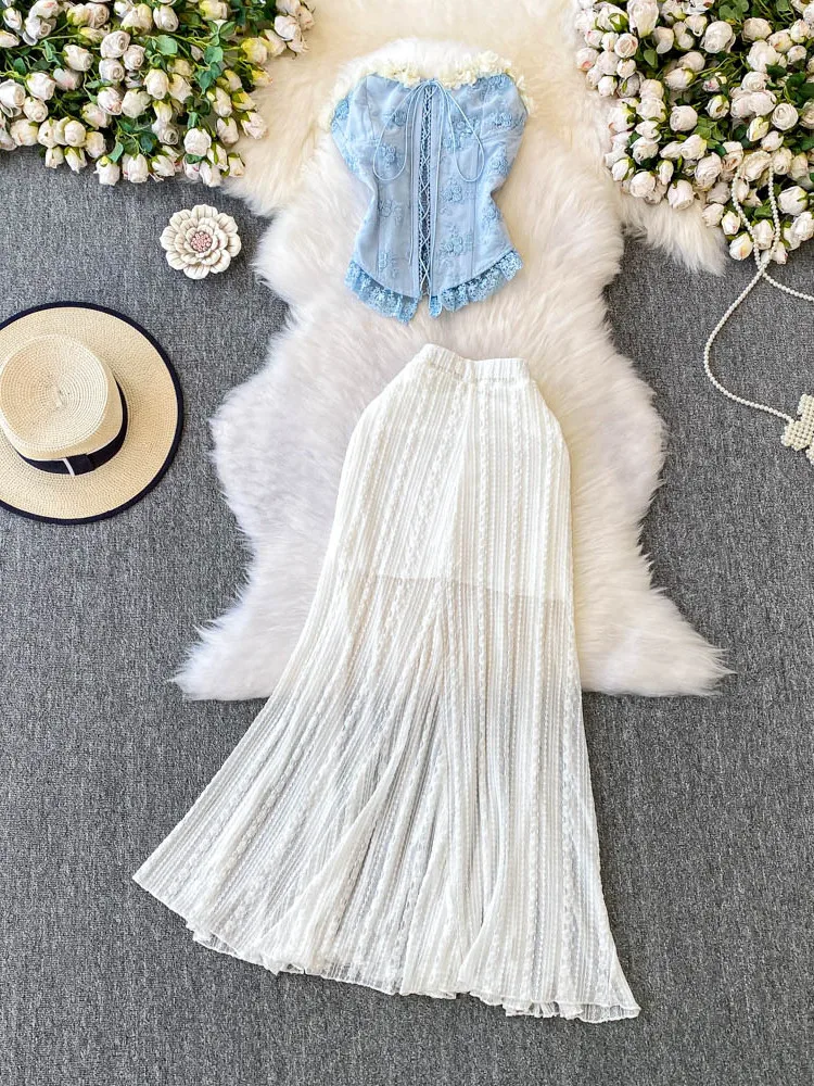 

Pure Desire Sexy Lace Tie ort Sweet Flower Top Set High Waist Slimming f Skirt Faionable Women's Ensemble Summer 2025