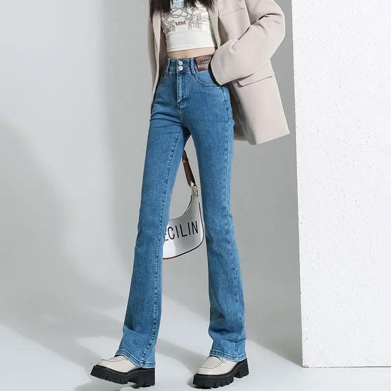 

Women's spring flared jeans2025New elastic high-waisted double-button flared pants for hot girls, slimming and flattering