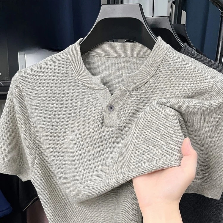 

Korean Sle Casual Knitted Pure Cotton Texture Button up Stand Collar T-irt Busin Casual Youth Men's ort Sve irt