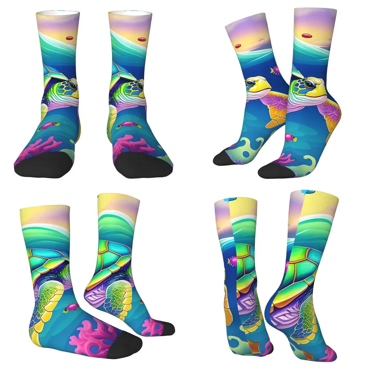 All Seasons Crew Stockings Colorful Fantasy Ocean Happy Turtle Socks Harajuku Long Socks for Men Women Valentine's Day Gifts