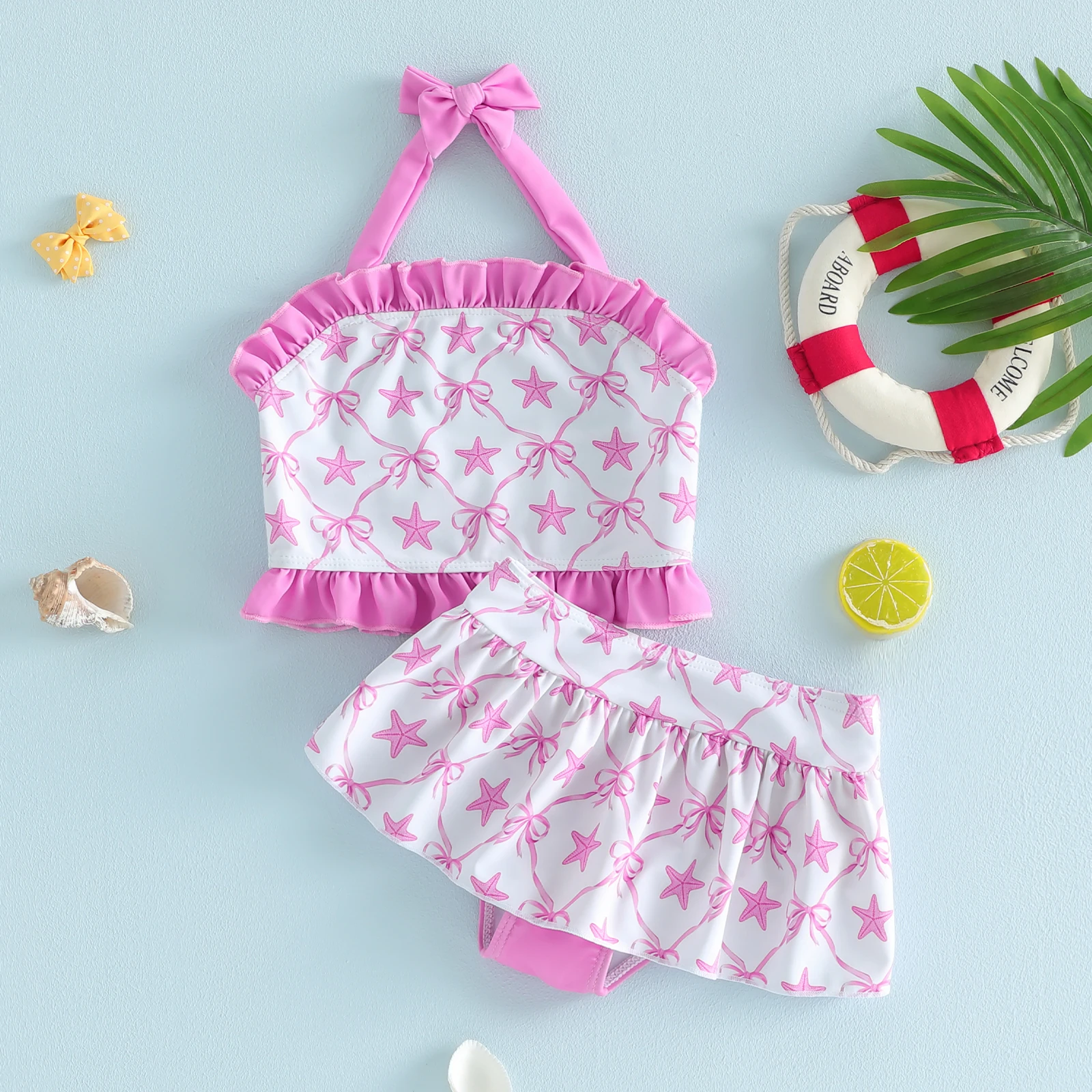 Tregren 1-5Years Kids Girls Bikinis Set Cute Bow Starfish Print Swimsuit Halter Swimwear Summer Beach Sea Bathing Suits