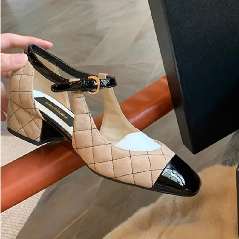 Women\'s Shoes Single Shoe Woman 2023 New Color Block Toe Block Heel Light Mouth Mary Jane Small Leather Shoes Single Shoe Woman