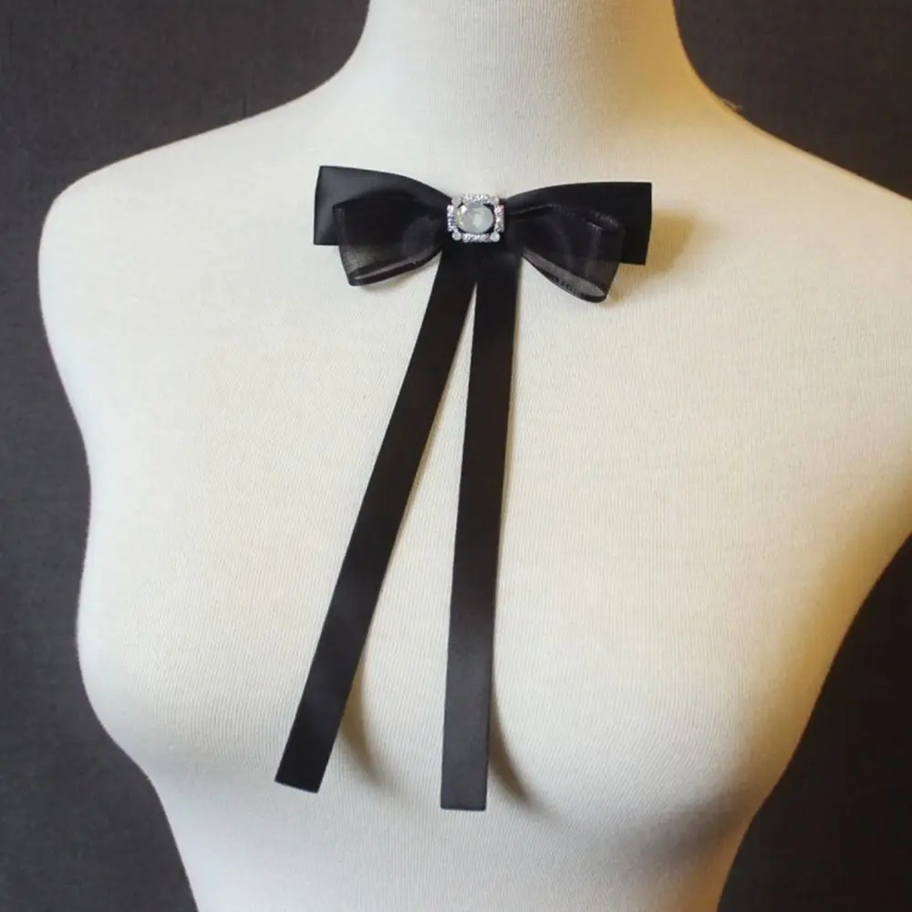 Rhinestone Pearl Bow Blouse Ribbon Bow Tie Black Graduation Collar Pin Brooch College Style Bank Hotel Shirt Shirt Bowtie