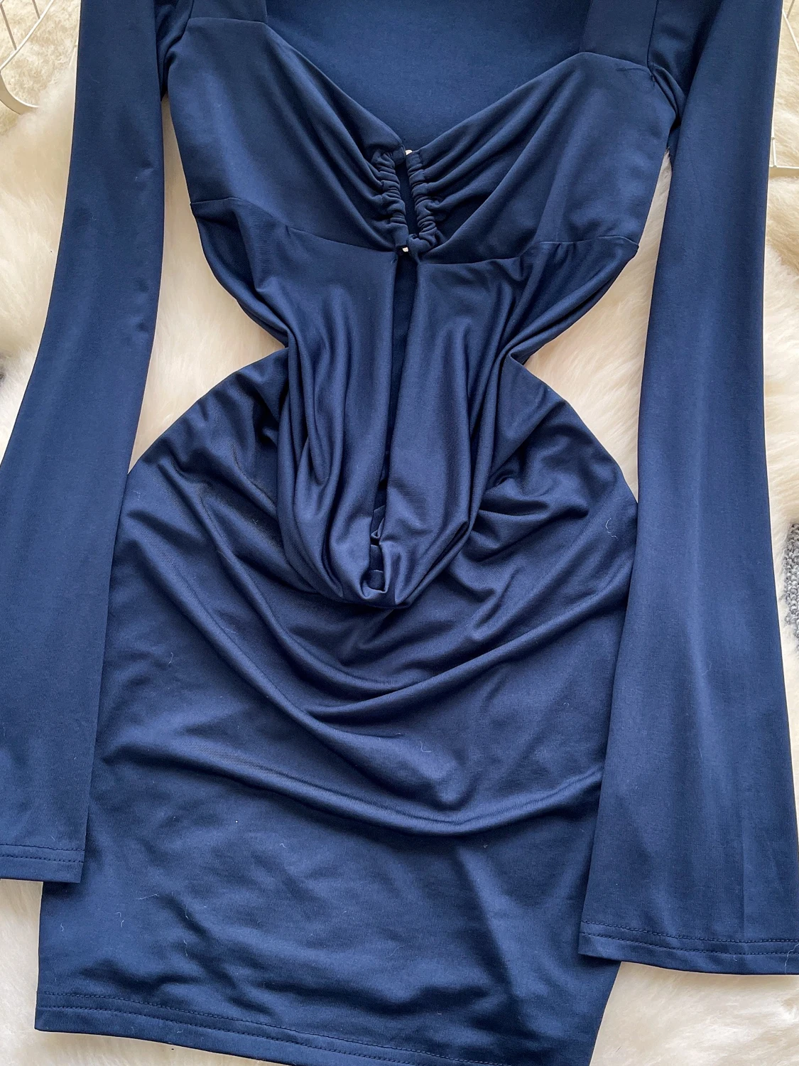 Foamlina Solid Metal Buckle Square Neck Long Sleeve Mini Dress Women Fashion Cut Out Draped Slim Bodycon Sexy Midnight Clubwear