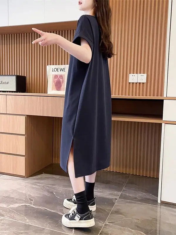 Pure Cotton Korean Style Short Sleeve T-Shirt Women's Mid-Length Dressy Skirt T-Shirt Summer Fashion Backless Printed Loose Fit