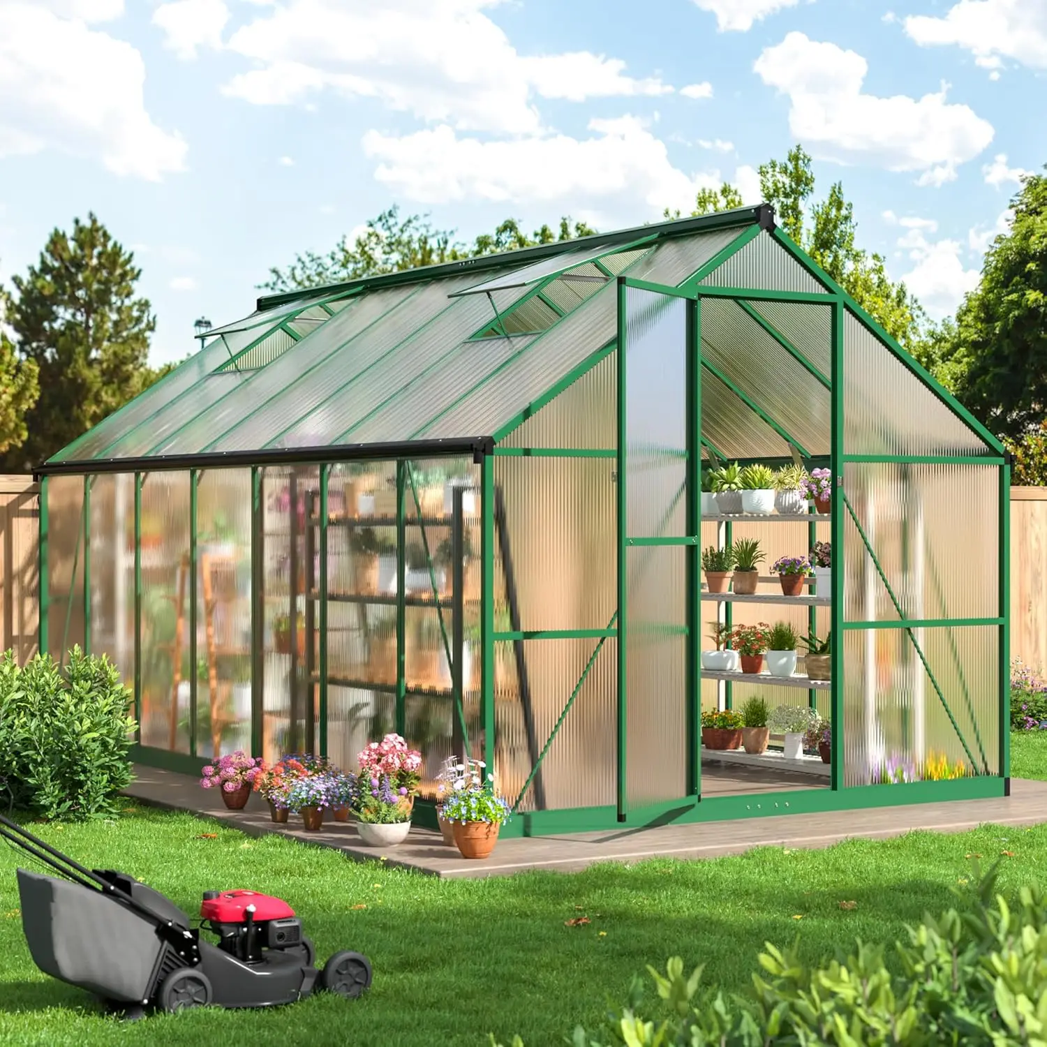 8x14FT Greenhouse for Outdoors with Quick Setup Structure and Roof Vent,  Aluminum Large Walk-in Greenhouse for Outside Garden