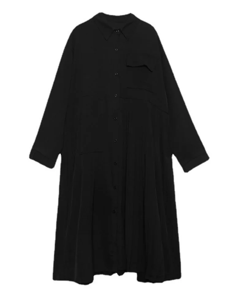 [EAM] Kobiety Czarny Plisowany Duży Rozmiar Elegancka Sukienka Midi Nowa Klapa Długi Rękaw Moda Przypływ Wiosna Jesień 2024 1DH6830