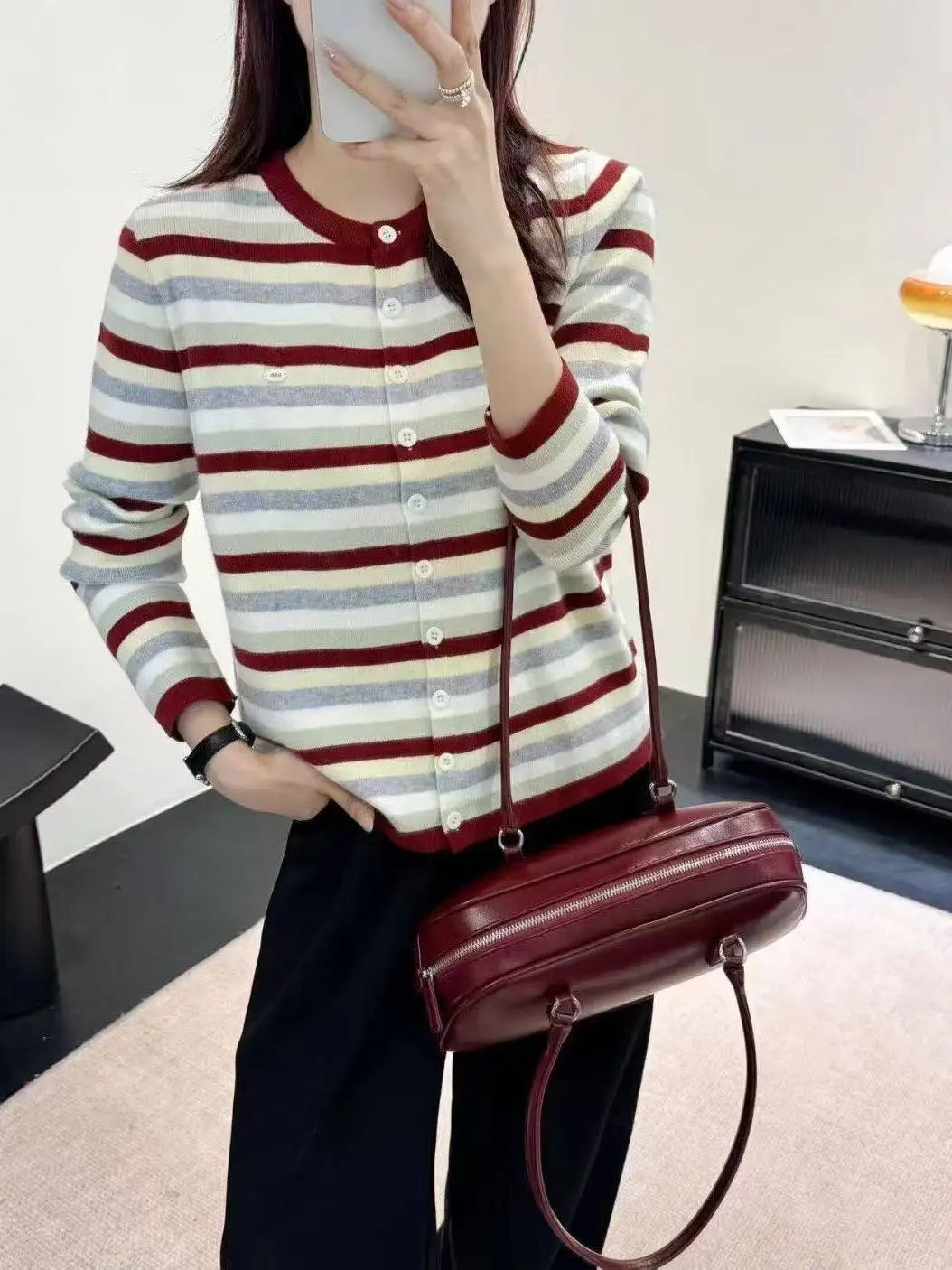 

Korean Sle Striped Open Cardigan Knitted Loose Long Sve round Ne Women's Casual Faion Top Casual Knitted Sweater