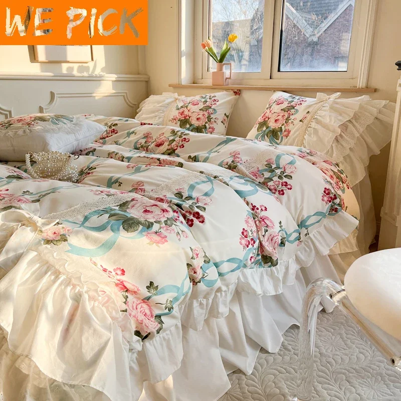 

WEPICK French Bed Skirt Romantic Floral Pure Cotton Bed Four-piece Set of 100% Cotton Pastoral Princess Style Lace Duvet Cover