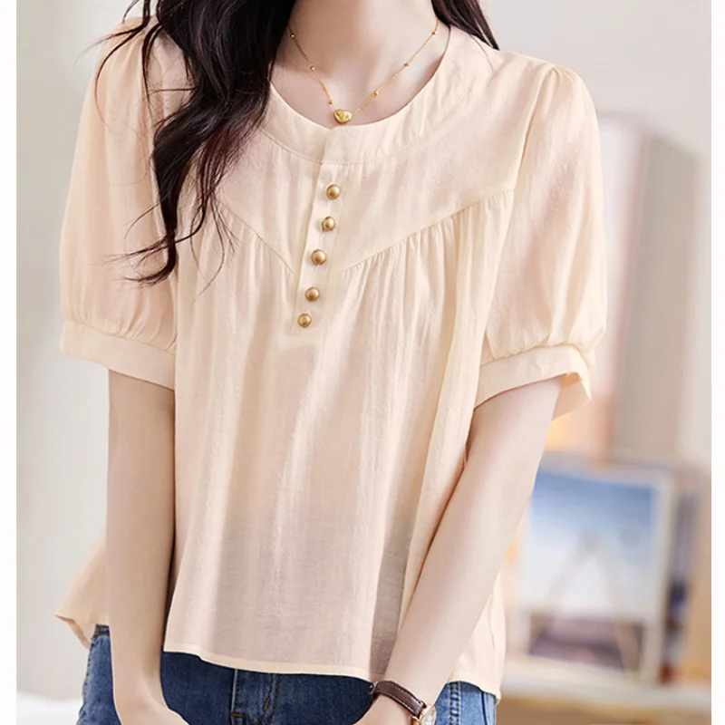 Summer Women\'s Solid Cream Neck Short Sleeve Loose Thin Classic Korean Pullers Button Fashion Casual All Match Commute Tops