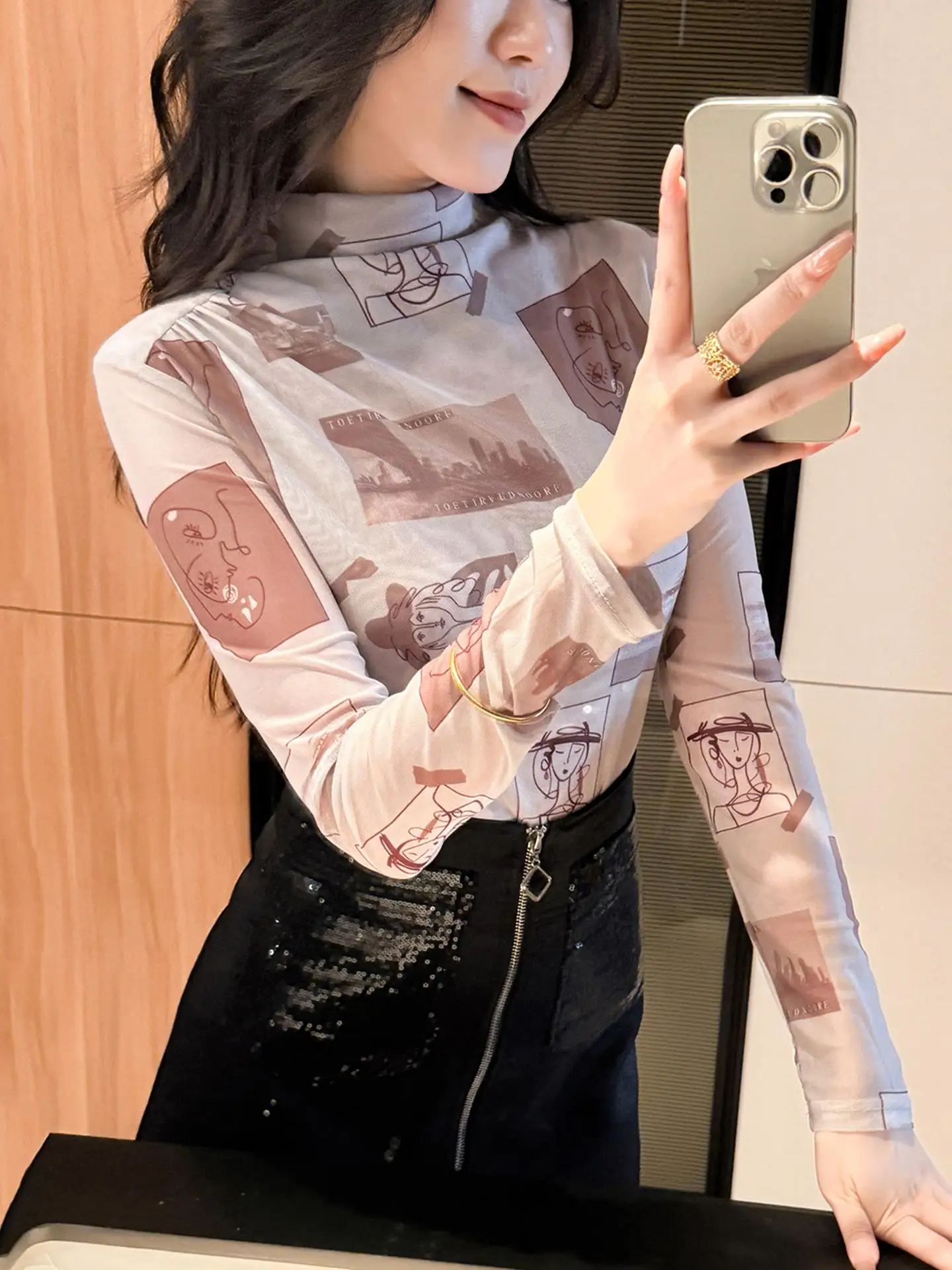 패셔너블 프린트 롱 슬리브 하이 칼라 여성용 가을 겨울 슬림 핏 슬리밍 이너웨어 탑 트렌디