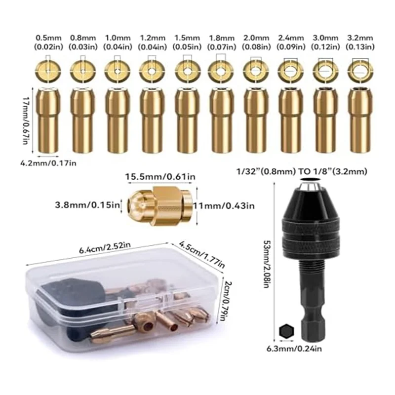 L60A 12 Piece Drill Chuck Adapter Tool ,4486 Drill Chuck, 4485 Collets, Brass Change Chuck Heads, Keyless Drill Chuck With Box