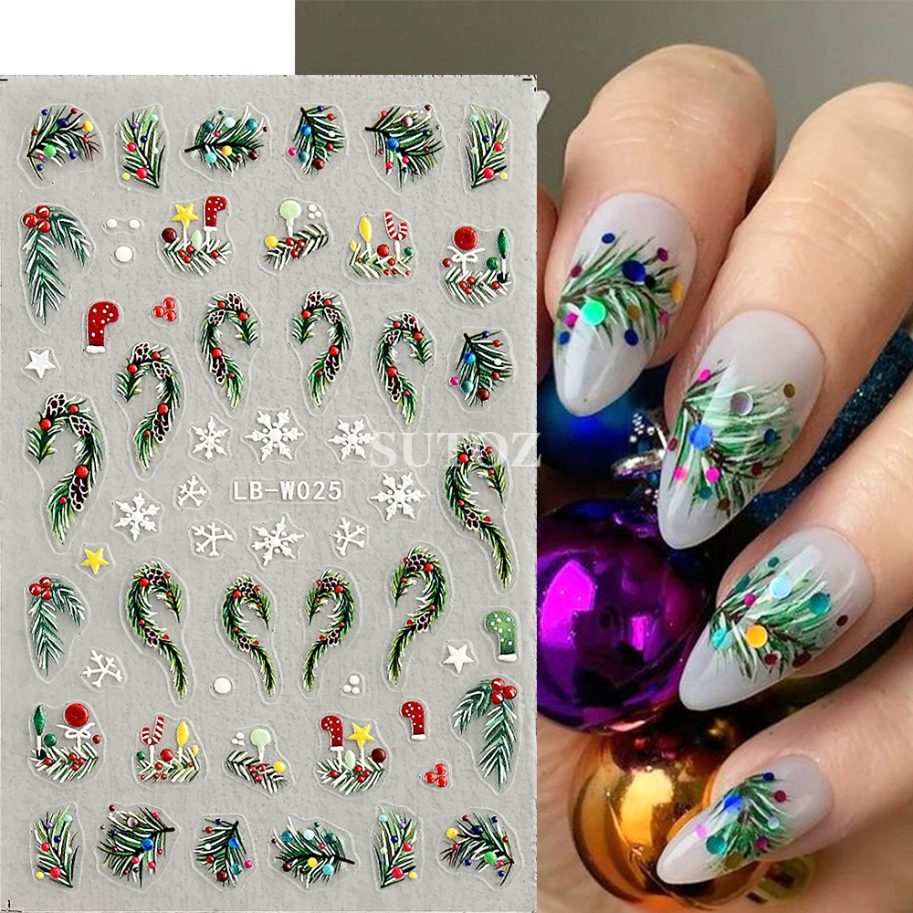 New Year Nail Stickers Christmas Decoration Lanterns Lights Xmas Tree Nail Decals Leaf Flowers Snowflakes Manicure Foils LEBLB-W