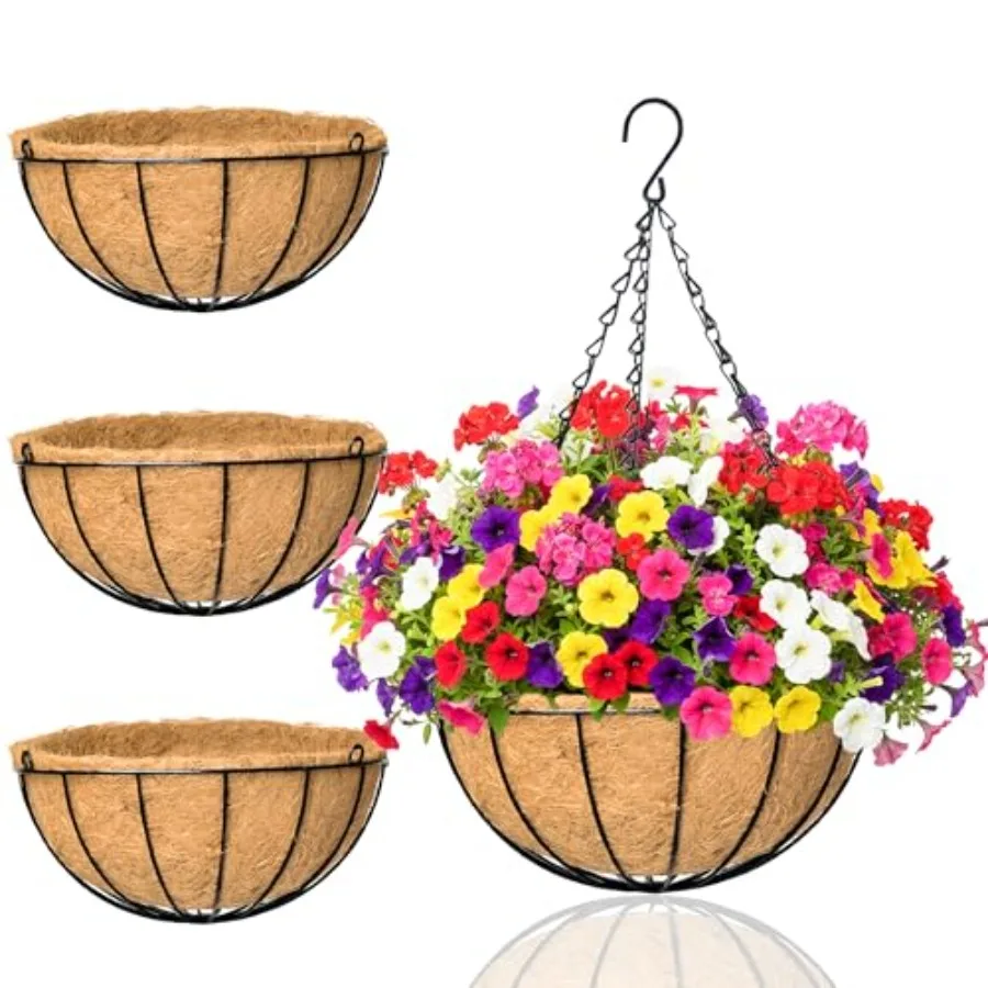 

Набор из 4 металлических подвесных кашпо для уличных растений, 16 дюймов, с вкладышами из кокосового волокна, проволочными подвесами для горшков, корзинами для полива цветов, для сада