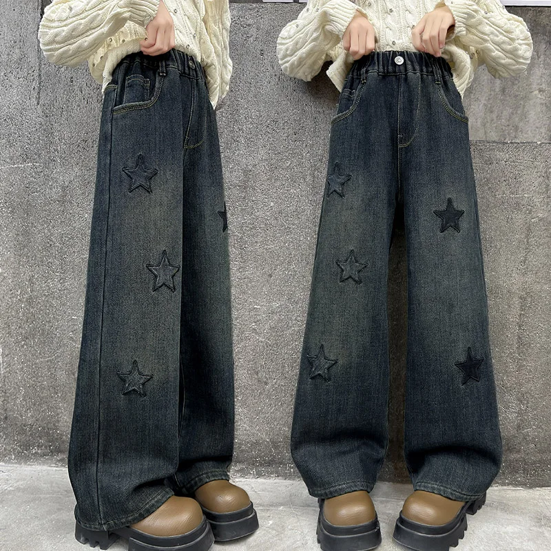 

Vintage Dark Blue Jeans For Girl Spring Embroidery Star Pattern Wide Leg Denim Pants Kids Casual Style Children Loose Trousers