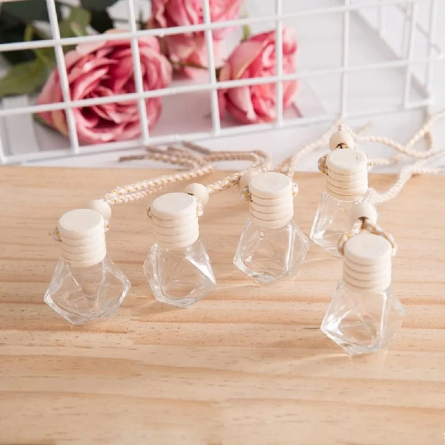 4 Pack Hanging Car Perfume Bottles - 8ml Refillable Essential Oil Diffuser with Wooden Lid Car Charm