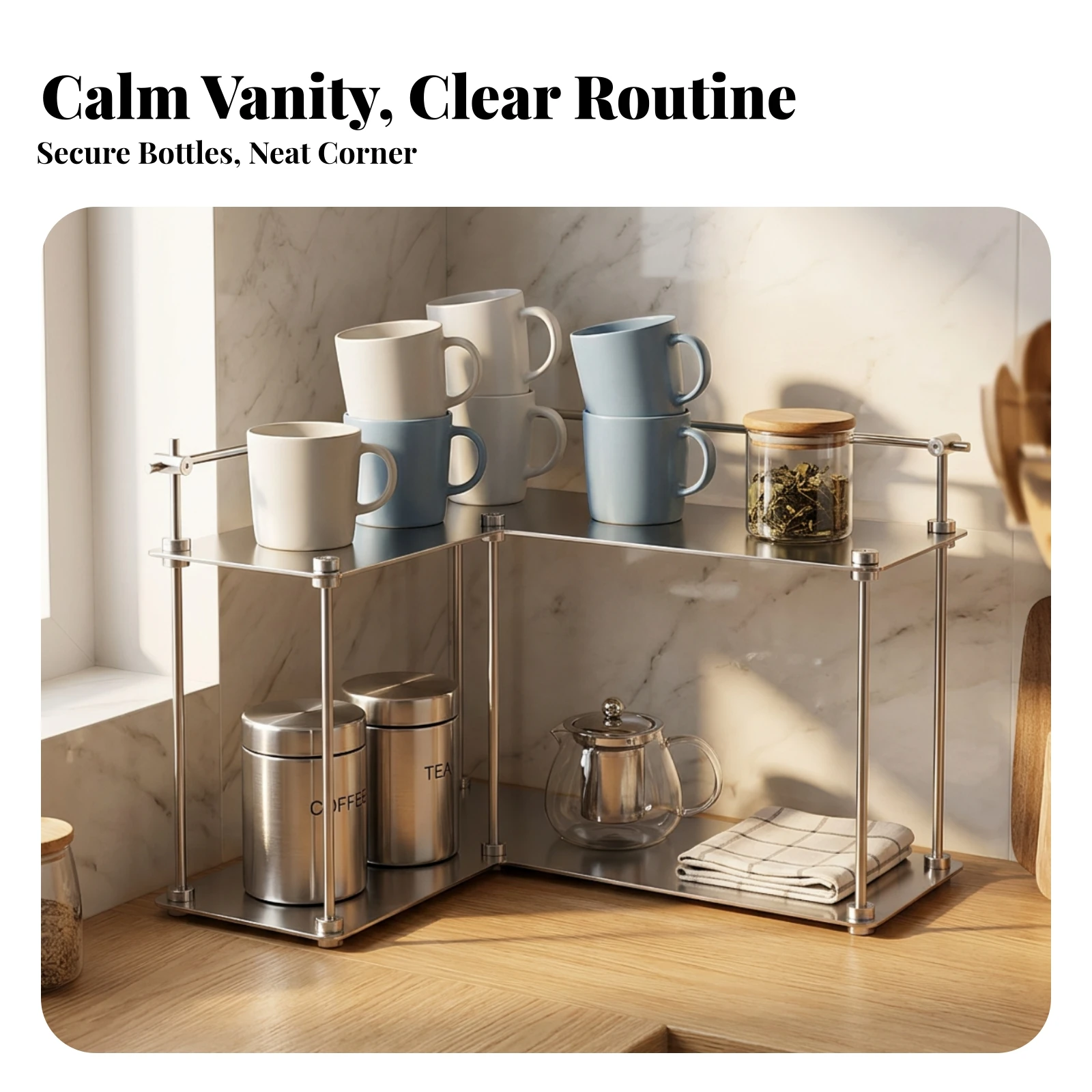 Corner Countertop Organizer Shelf Stainless Steel Corner Storage Rack Kitchen Countertop Organizer Space-Saving L-Shaped Rack