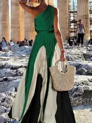 Bonboho Urban Women's Contrast Color A-line Pleated Dress One-shoulder Sleeveless Summer Stylish Evening Dresses 2024 New