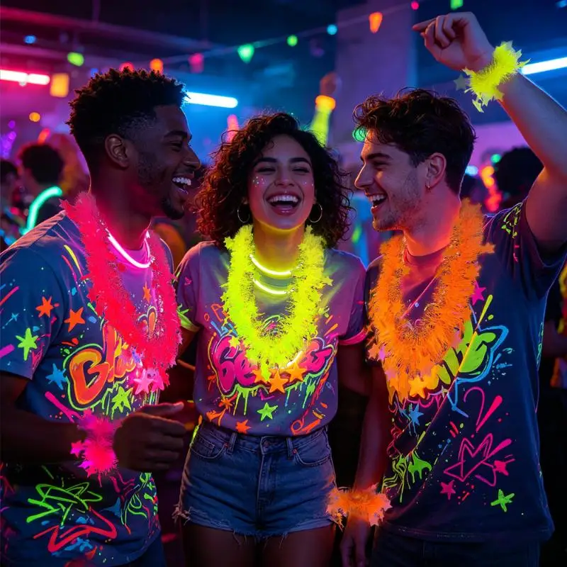 Neon Glow Star Lei Set UV Reactive Hawaiian Leis With Bracelets For Glow In The Dark Party And Night Event view 4