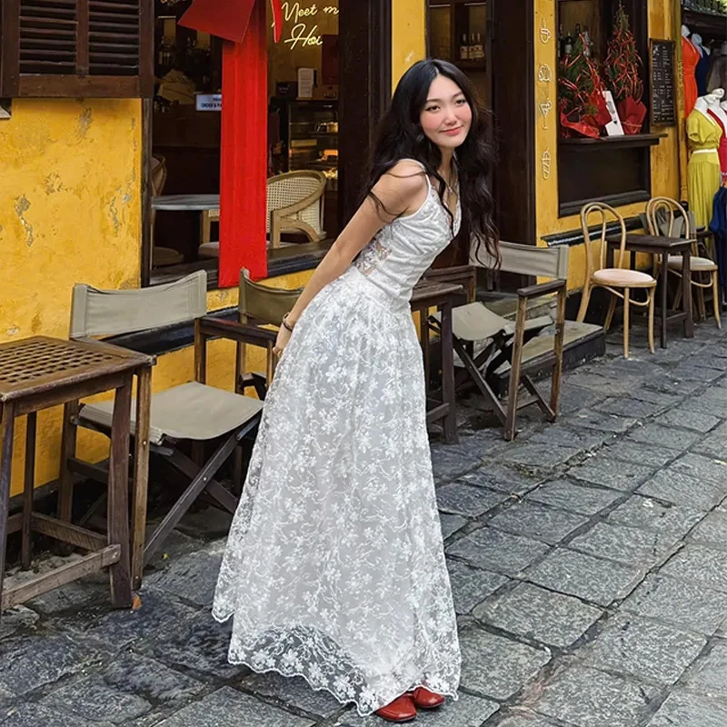 Lace Camis Dress for Women Y2K French Sexy V Neck Sleeveless Midi Dress Summer Chic Spaghetti Straps Party Night Female Vestidos