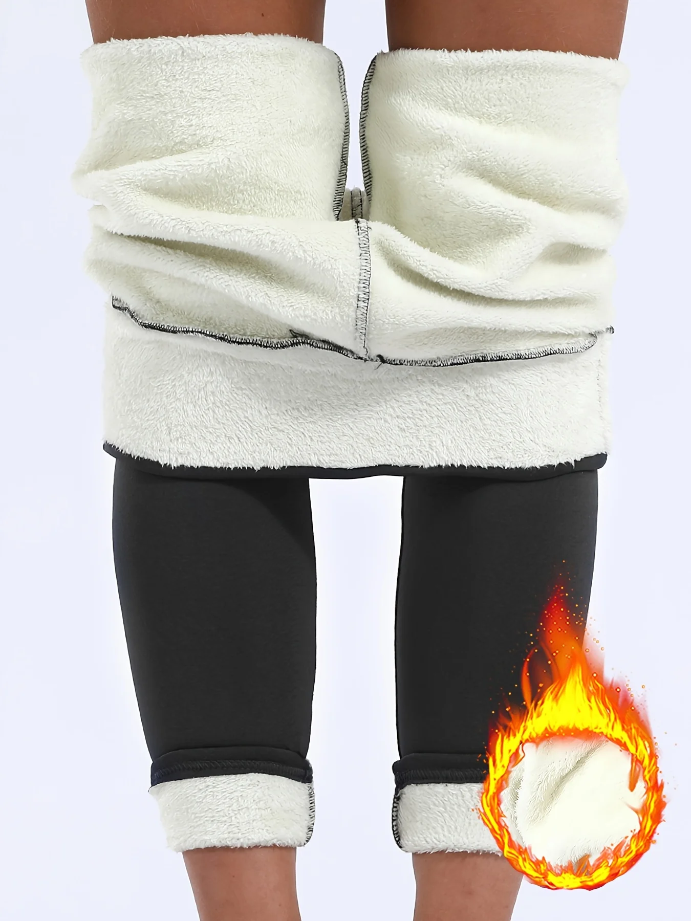 Cozy Winter Leggings con forro polar de cintura alta para mujer, mezcla de poliéster elástico, lavable a máquina, marrón con puños esponjosos blancos