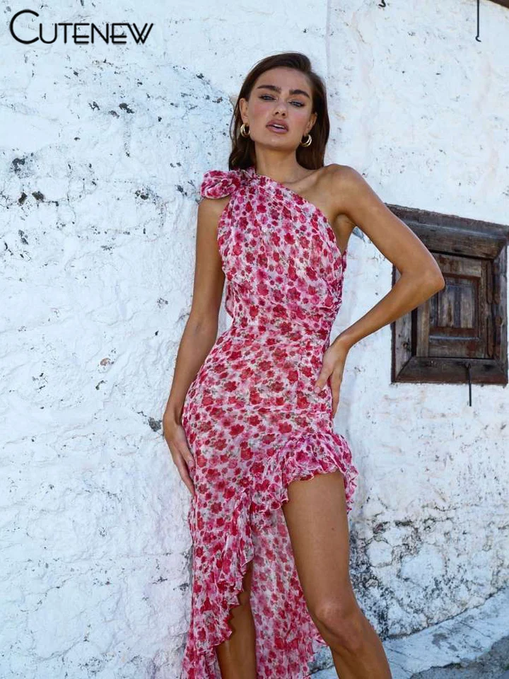 Vestido midi de mujer con estampado floral, hombro inclinado, bandage, volantes y abertura, casual para vacaciones y calle, ajustado 5