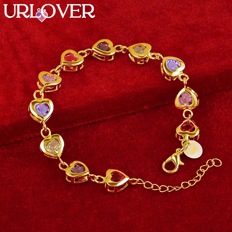 URLOVER 24K Gold Bracelet For Woman Colorful Zircon Crystal Heart Link Bracelets Lady Party Wedding Engagement Fashion Jewelry