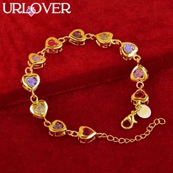 URLOVER 24K Gold Bracelet For Woman Colorful Zircon Crystal Heart Link Bracelets Lady Party Wedding Engagement Fashion Jewelry