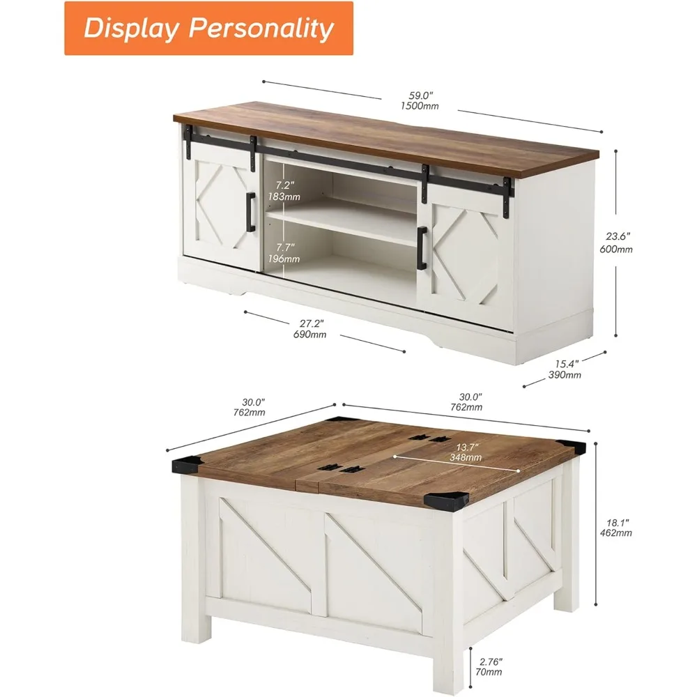 Farmhouse 65 in TV Stand and Coffee Table Set, Entertainment Center for TVs Up to 65", 30" Square Wood Center Table with Gas Sp