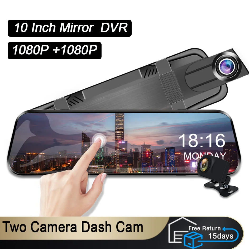 10 Inch Mirror Camera for Car Touch Screen Video Recorder Rearview Mirror Dash Cam Front and Rear Camera Mirror DVR Black Box