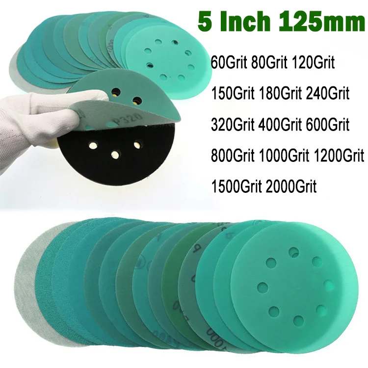 10Pcs 5 Inch 125MM 8 Holes Wet Dry Sanding Discs 60~2000 Grits Hook and Loop Polyester Film Sandpaper for Random Orbital Sander