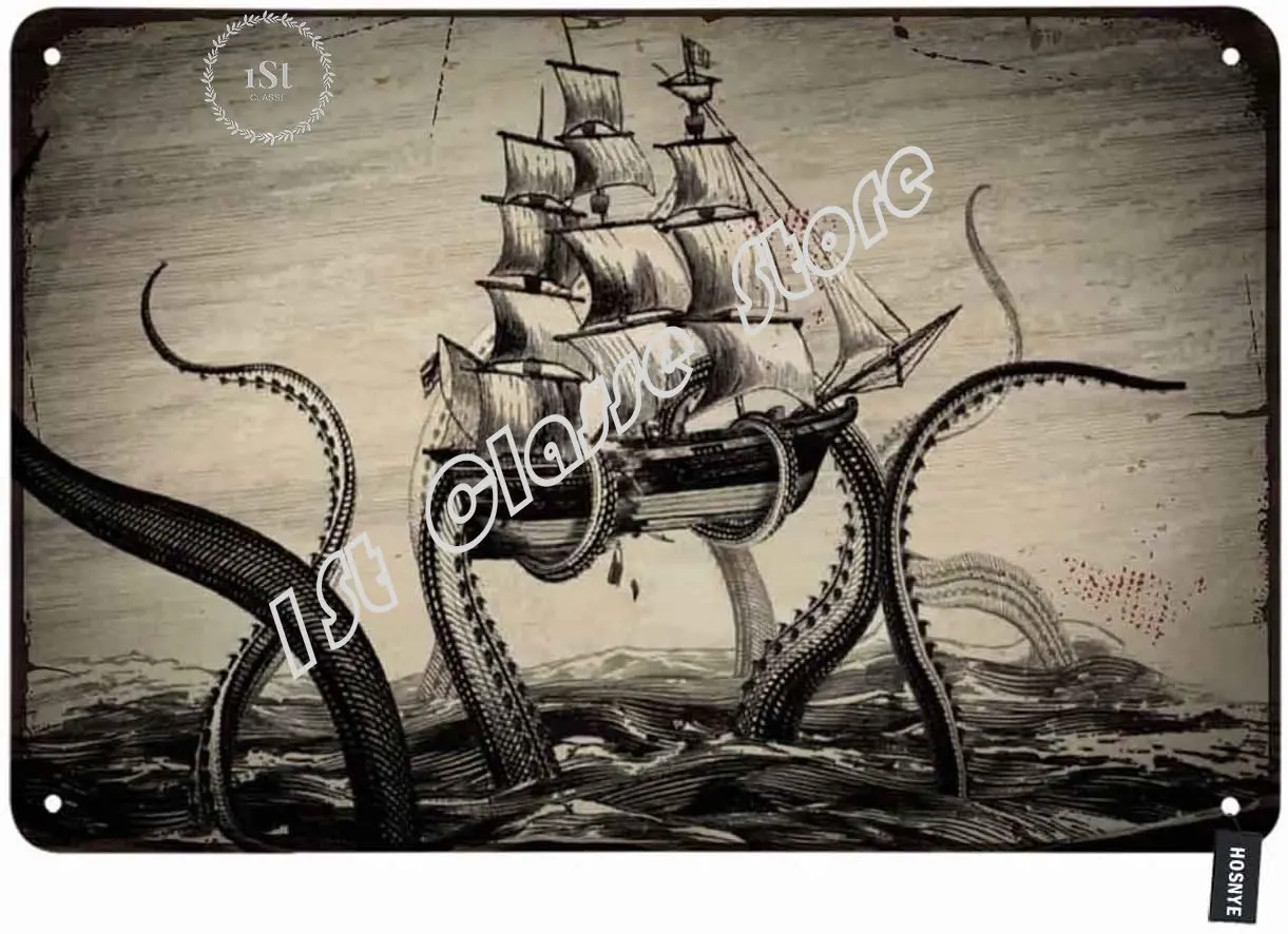 The Legend of The Kraken Tin SignOctopus Kraken with Sailboat on The Sea Ocean Vintage Metal Tin Signs for  Wall Art Deco