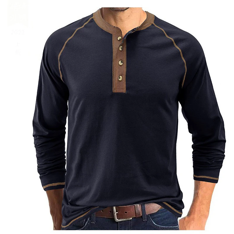 Summer Men's Henry T Shirts Fashion Men Cotton Long Sleeve Solid Color Tops Tees Outdoor Men Sports Breathable Tshirt Clothing
