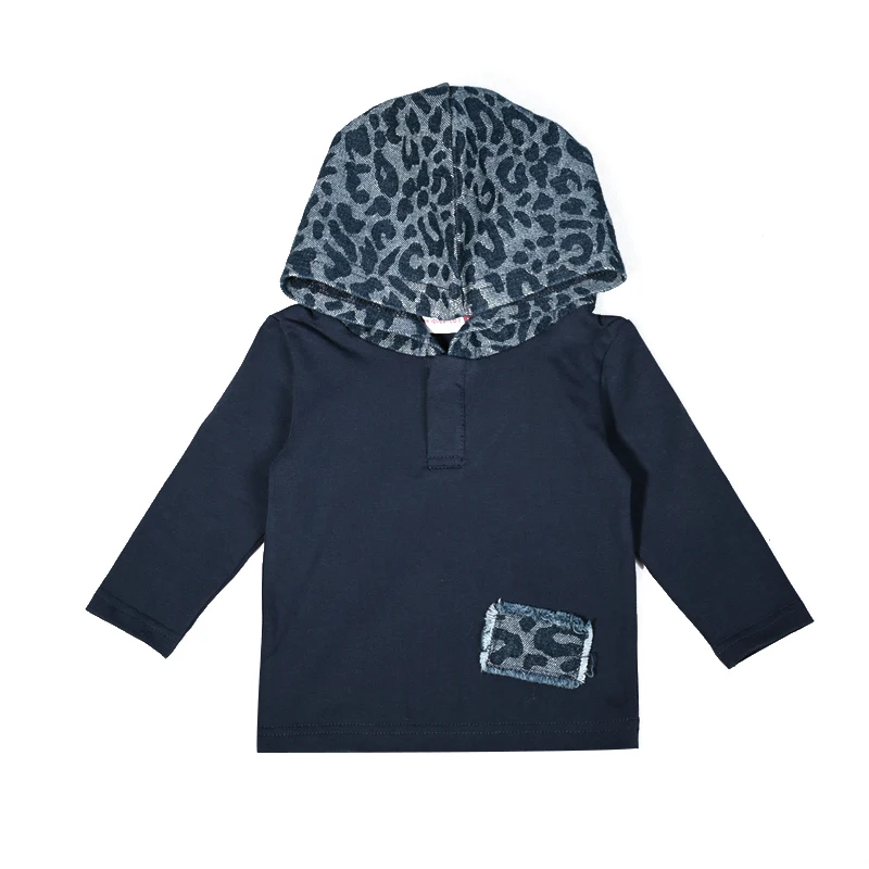 Blue leopard denim children set long sleeve top shirt outfit denim washed cotton/spandex dress leopard hoodie and raw edge patch