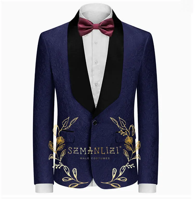 White Floral Jacquard Prom Blazer for Mens Slim Fit Black Velvet Shawl Lapel Male Wedding Jacket Fashion Coat