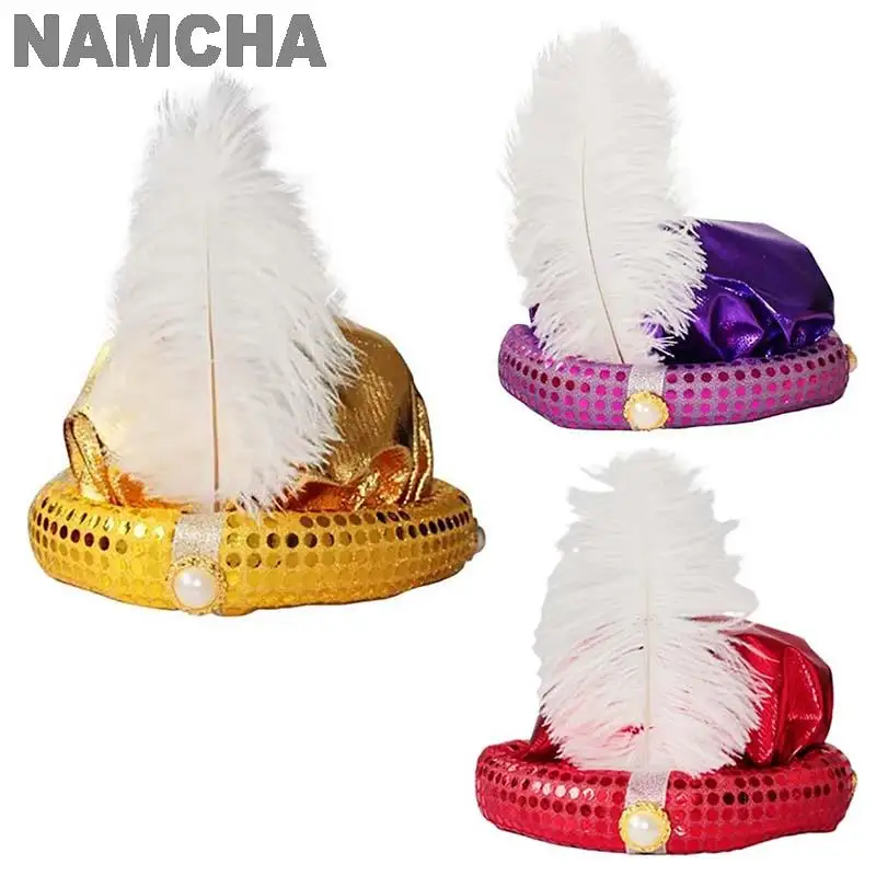 Men's Aladdin Arabian Hat Gold Pleated Funny Feather Cap Turban Adult Kids Masquerade Cosplay Stage Performance Headwear Props