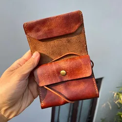 Retro Genuine Leather Wallet for Men and Women Antique Distress Wallets with Coin Pocket Drawstring Short Purse for Male
