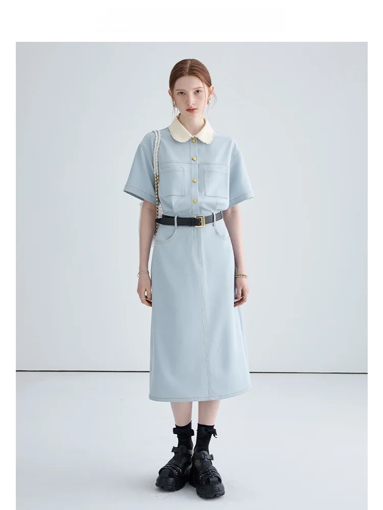 VEGA CHANG 여름 신상 슬레 여성용 티 브레이크 Dr Ele 슬리밍 햅번 슬레 인형 칼라 롱 Dr 레이디라이크 통근