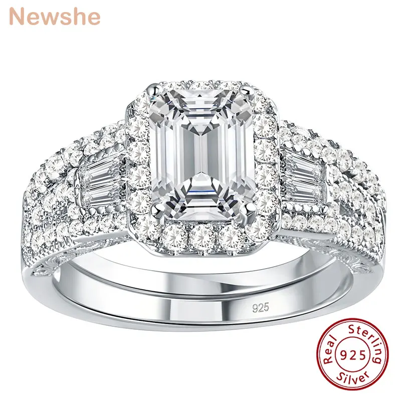 Newshe 2Pcs Wedding Rings for Women 925 Sterling Silver Halo AAAAA Cubic Zircon Emerald Cut Engagement Ring Bridal Set