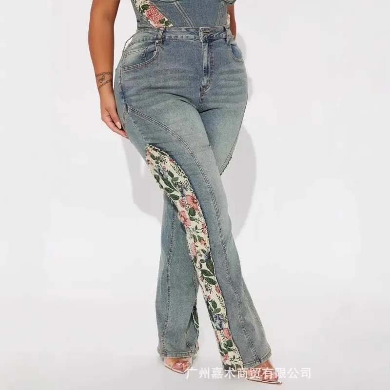 2026 Vintage Flared Pants Pant Street Wind Jean Jeans For Woman Casual Hot Girl Style Slim Floral Print Patchwork Trendy Fashion