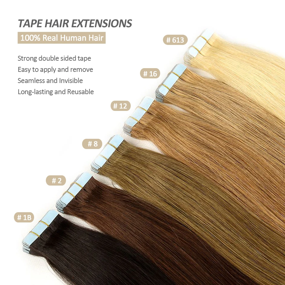 Extensiones de cabello humano 100% Real, cinta de cabello liso Natural Remy sin costuras, 20-24 \