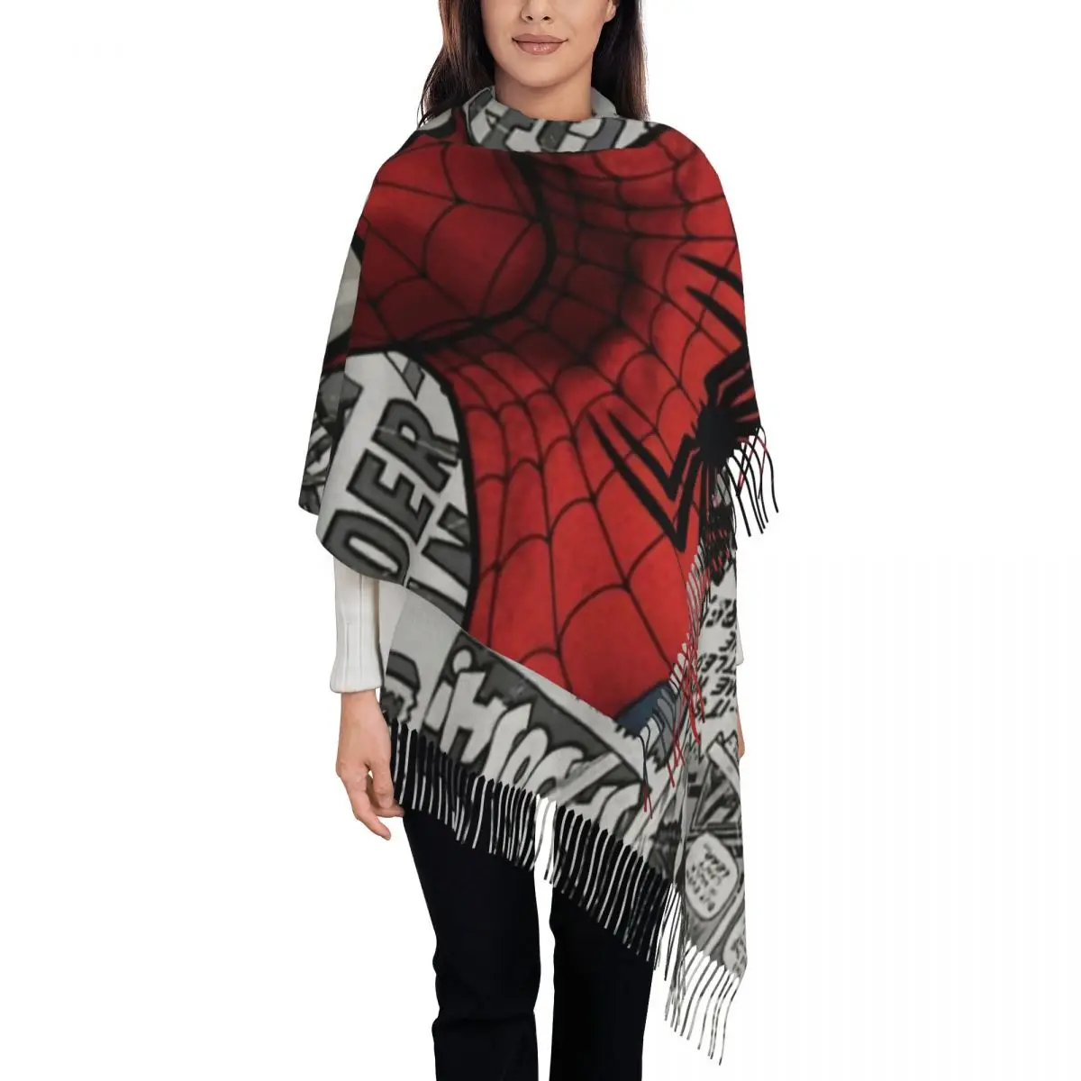 

Custom Female Long Spider Man Cartoon Superhero Scarves Women Winter Fall Soft Warm Tassel Shawl Wrap Scarf