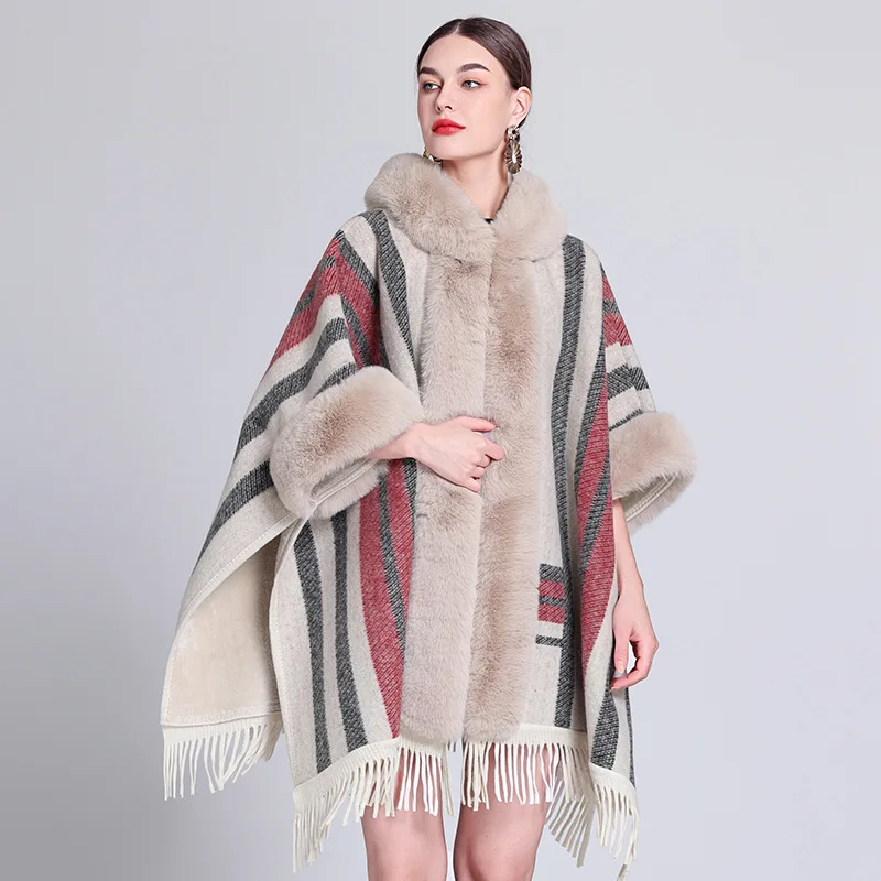 Women Natural Cashmere Cape Shawl For Autumn Winter Retro Long Cardigan Cosplay Coat Warmth Soft Capes Scarf Fur Collar