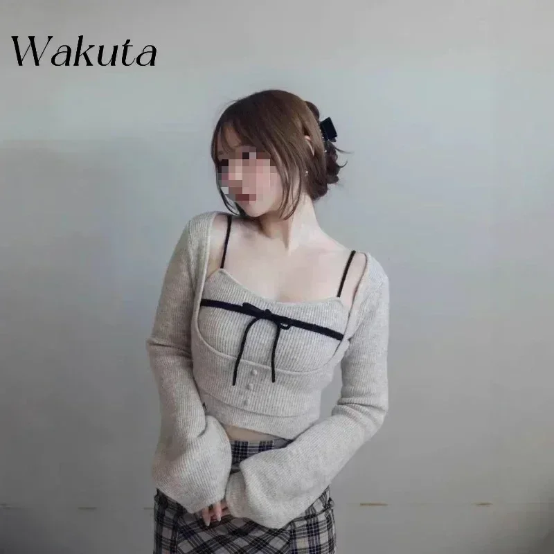 WAKUTA Japanese Pure Desire Bow Tie Camisole Knit Jumpers Sexy Fall Versatile Streetwear Long-sleeved Sweaters 여성 반팔 니트 Свитер