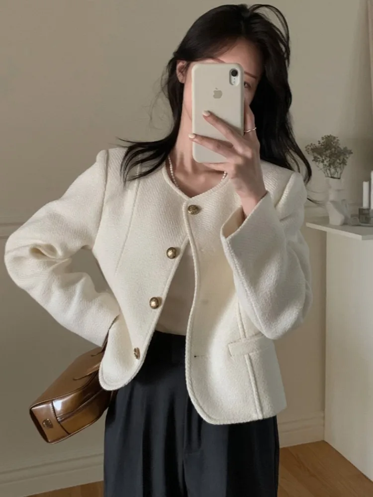 

Korean Sle Ins Simple Elegance ort Coat Women's Autumn Winter Small Size Golden Button Loose Versatile round Ne Top