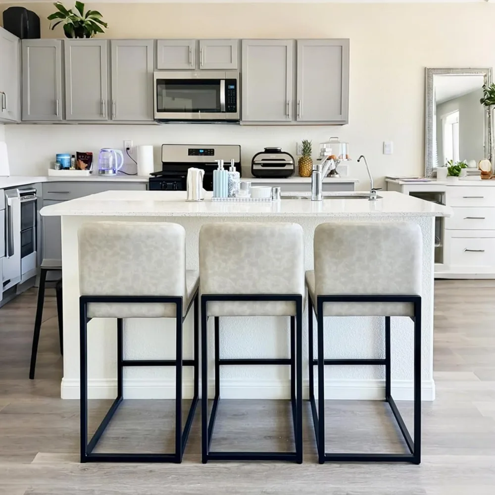 مقاعد بار من الجلد الصناعي، مقعد مرتفع بارد مع ظهر، أرجل معدنية، مسند للقدمين، كراسي بار منجدة حديثة #6