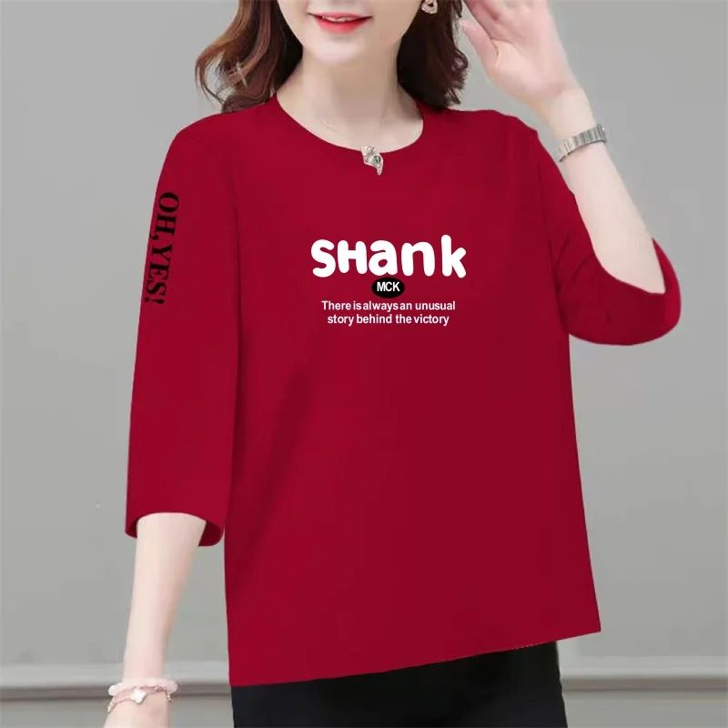 

Loose Fit Mom T-Shirt Women's plus Size Belly Covering Mid-aged And Elderly Seven-eighth Sleeve round Neck Slimming Top