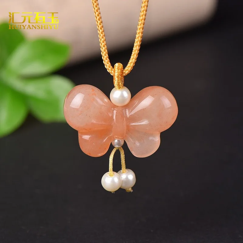 Natural Peach Blossom Bow Pendant Xinjiang Golden Silk Tianshan Emerald Jade Chinese Style Butterfly Love Flower Sweater Ch