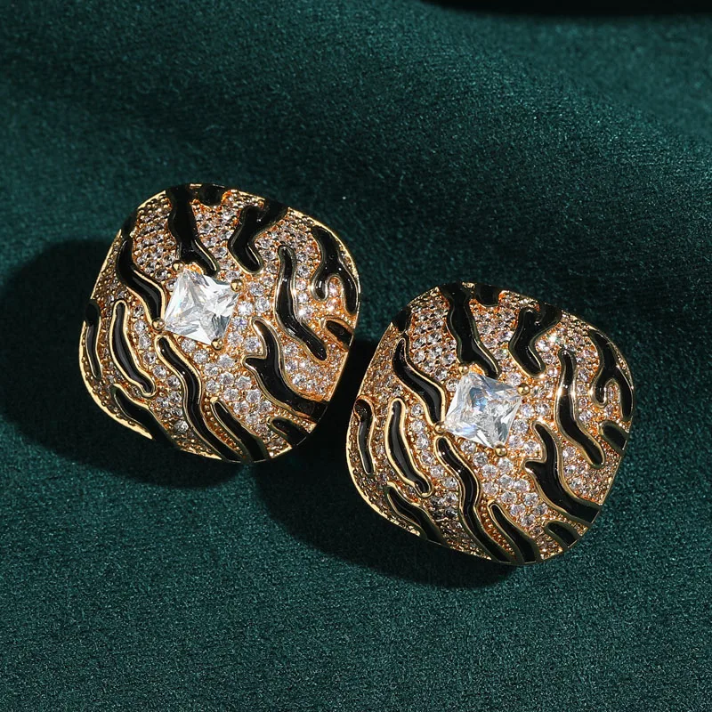 

Square Zircon Stud Earrings Vintage Black Enamel Antique Gold Color Leopard Print Rhinestone For Women Festival Gifts 2026 Trend