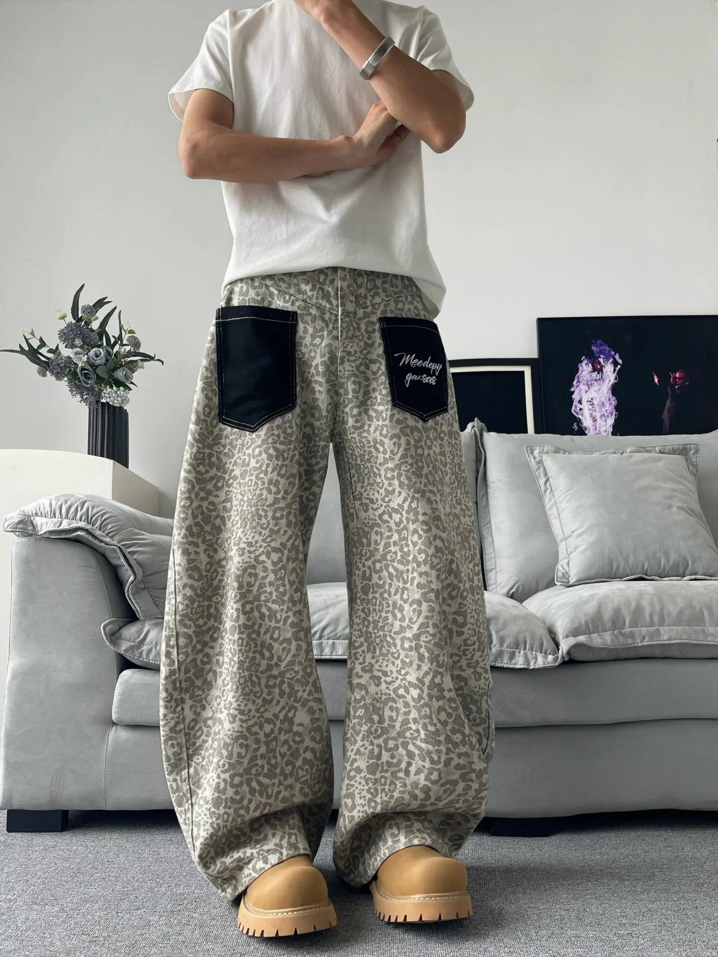 American Street Style Leopard Print Wide Leg Jeans Men High Street Retro Washed Patchwork Pocket Drag Floor-Length Pants